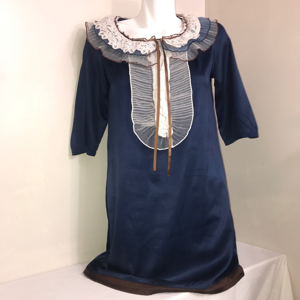 Chloe Cerulean Silk Ruffled Lace 3/4 Sleeve Dress
